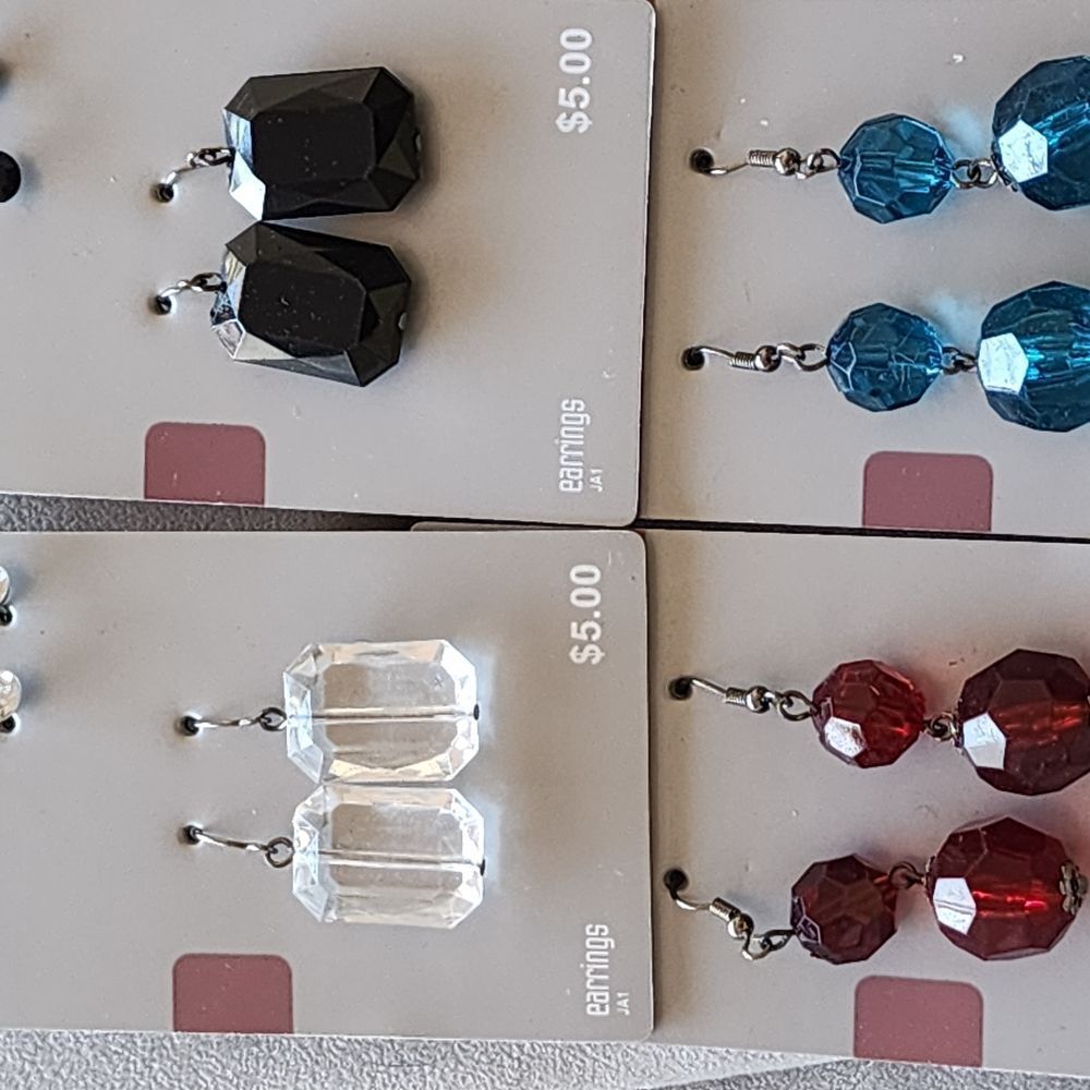 Set Of Four Gemstone Earrings - Black Blue Clear Red 15$
